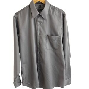 Geoffrey Beene Mens Fitted Sateen Dress Shirt Grey Wrinkle Free Large 16.5 34/35